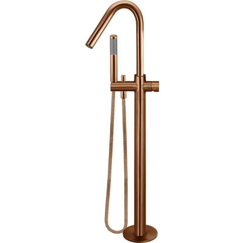 Round Pinless Freestanding Bath Spout and Hand Shower - Lustre Bronze